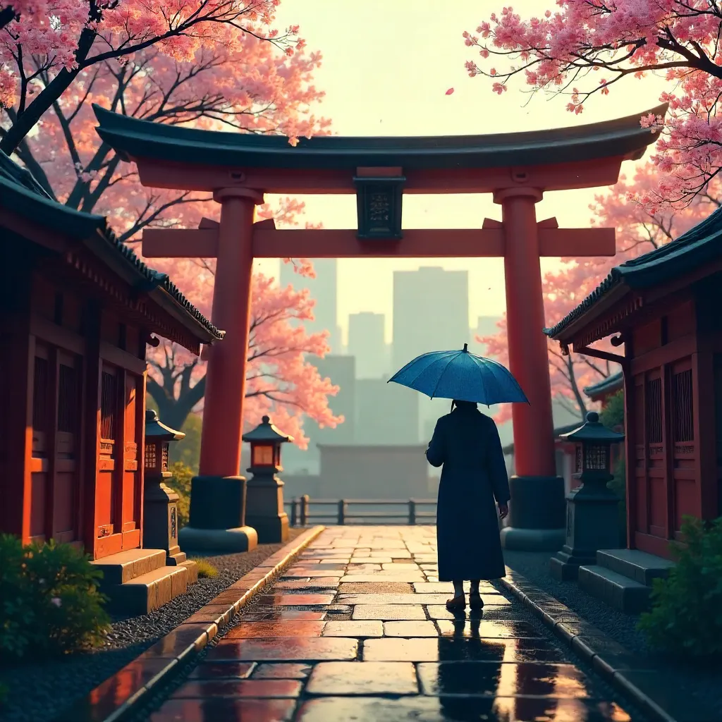 Peaceful Tokyo Shrine under Umbrella and Cherry Blossoms