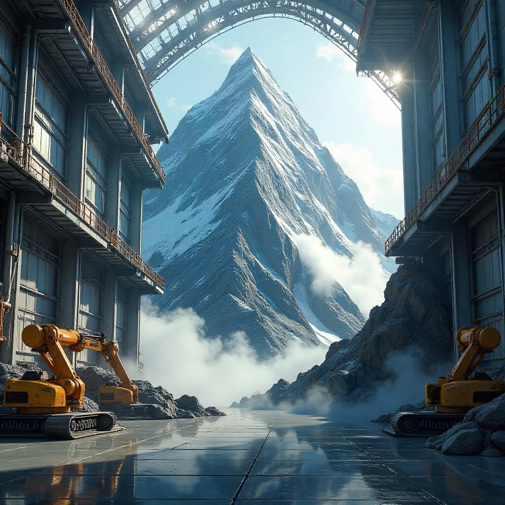3D Mountain Rising Inside a Modern Factory