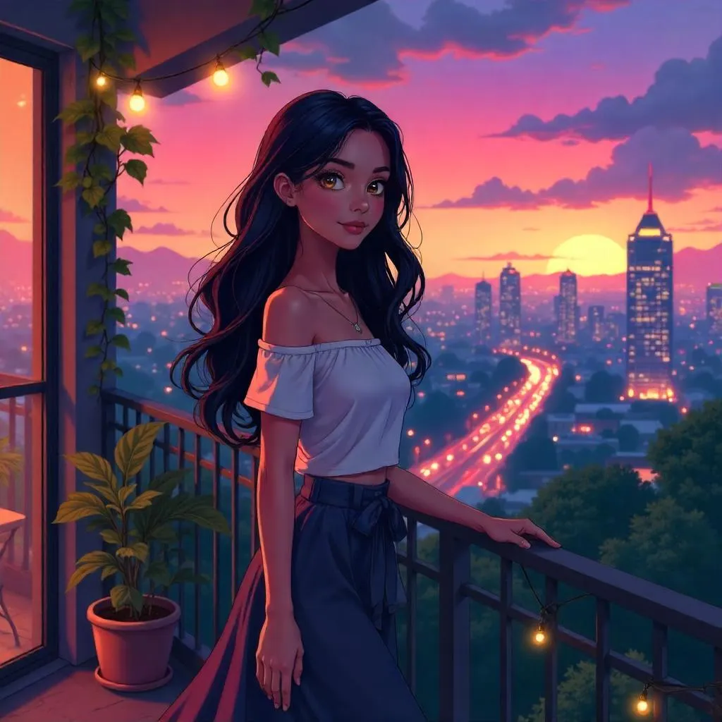 Anime Latina on Balcony at Sunset Cityscape