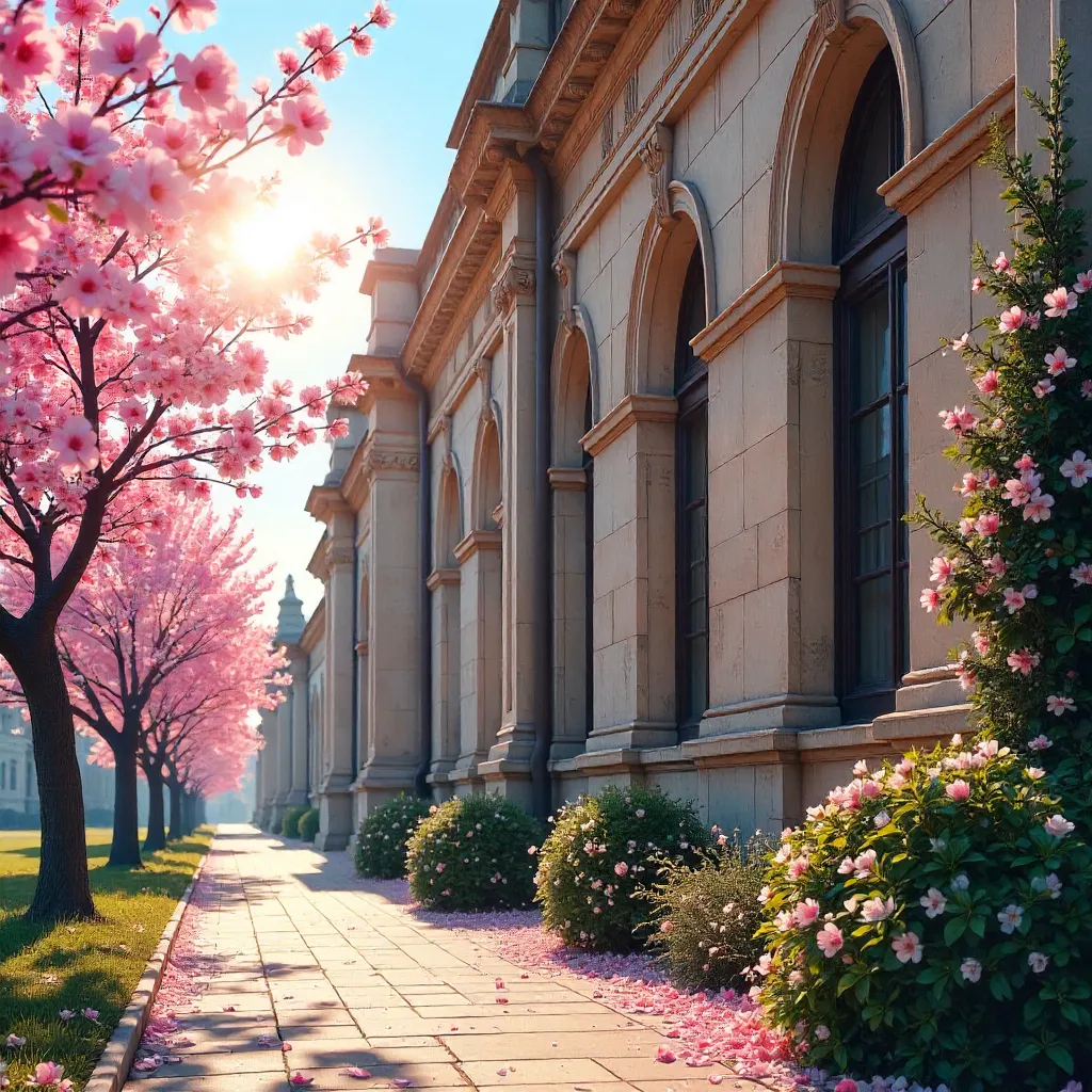 Spring Cherry Blossoms Over a Historic Building