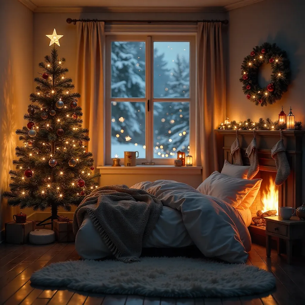 Cozy Christmas Bedroom with Tree and Wreath