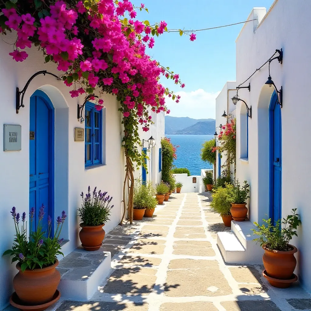 Sunlit Parikia Alley with Flowers and Cycladic Architecture