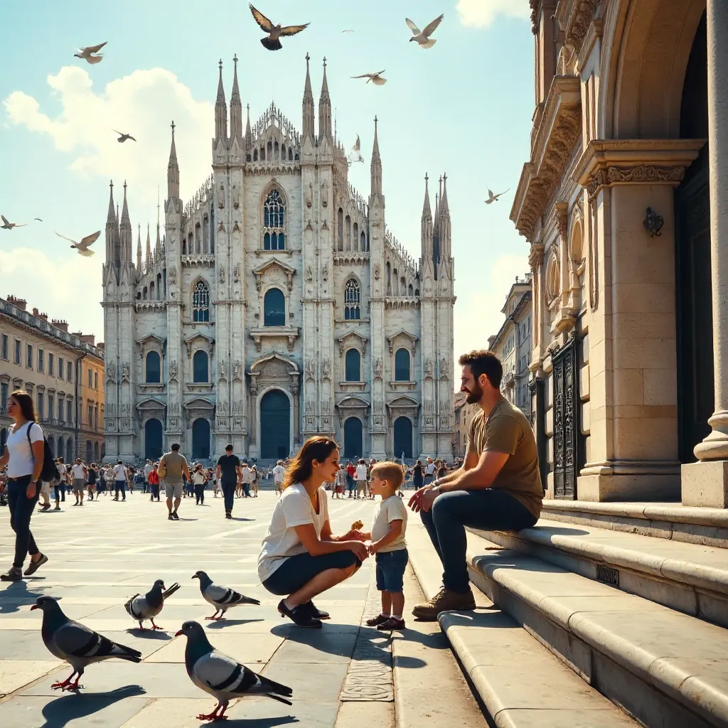 Family Feeding Pigeons at Milan's Duomo Square