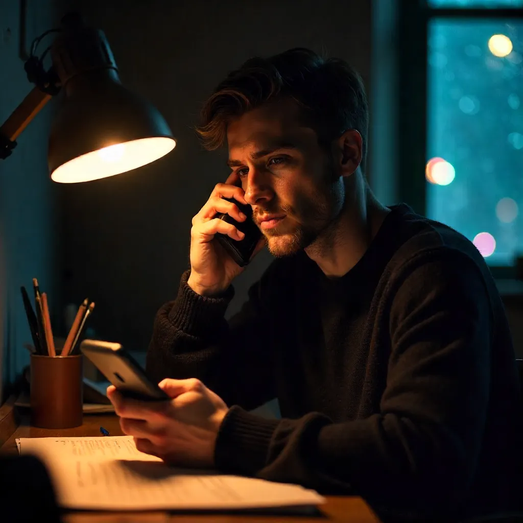Moody Dim-Light Phone Call: Young Man in Shadow