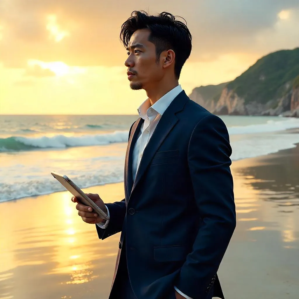 Coastal Concept Art: Professional Asian Man on the Beach