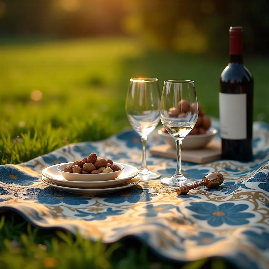 Elegant Picnic: Wine Glasses on Patterned Blanket