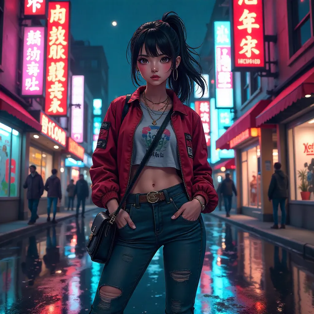 Confident Asian Woman in Neon Anime City
