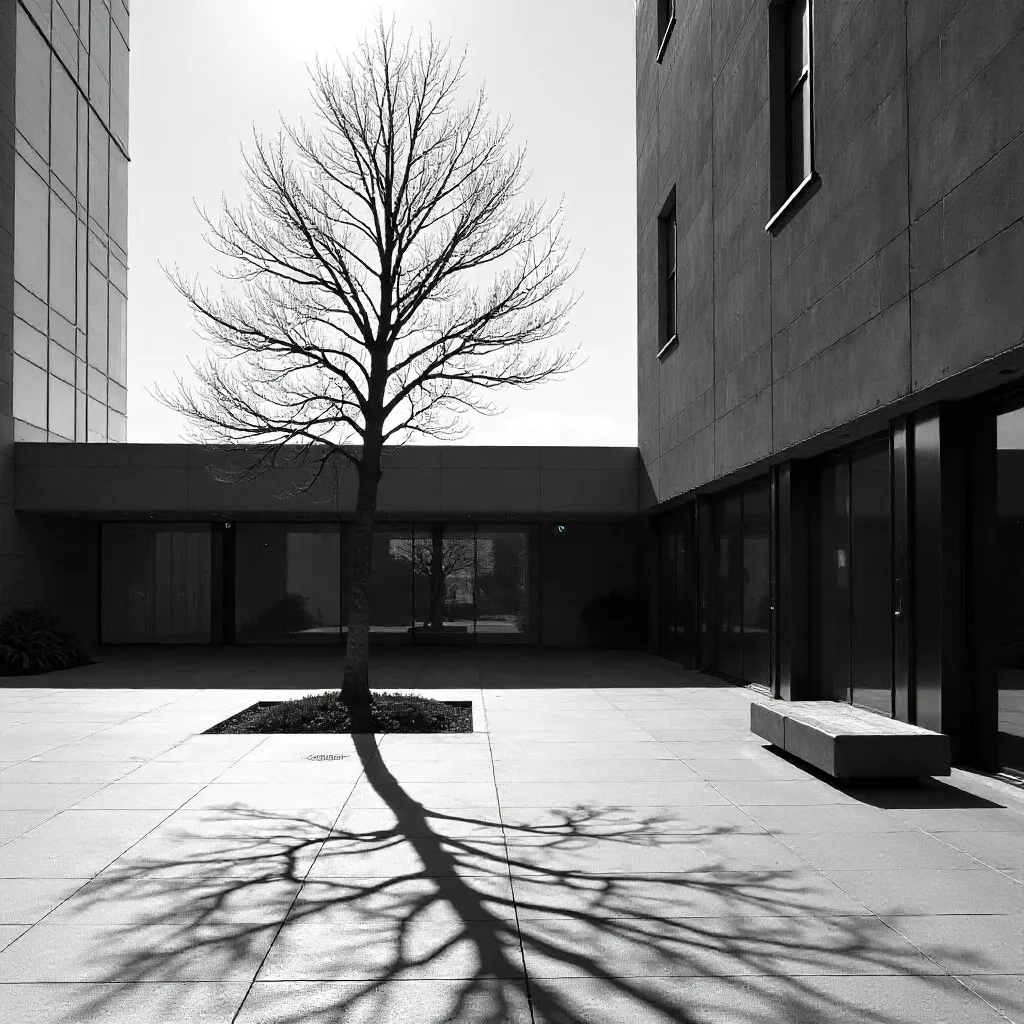 Shadowed Tree in a Modern City Courtyard