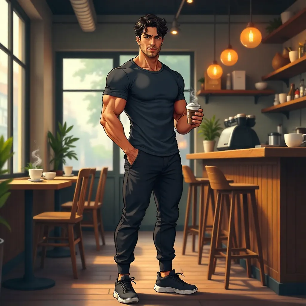 Athletic Latino Man in Anime Café