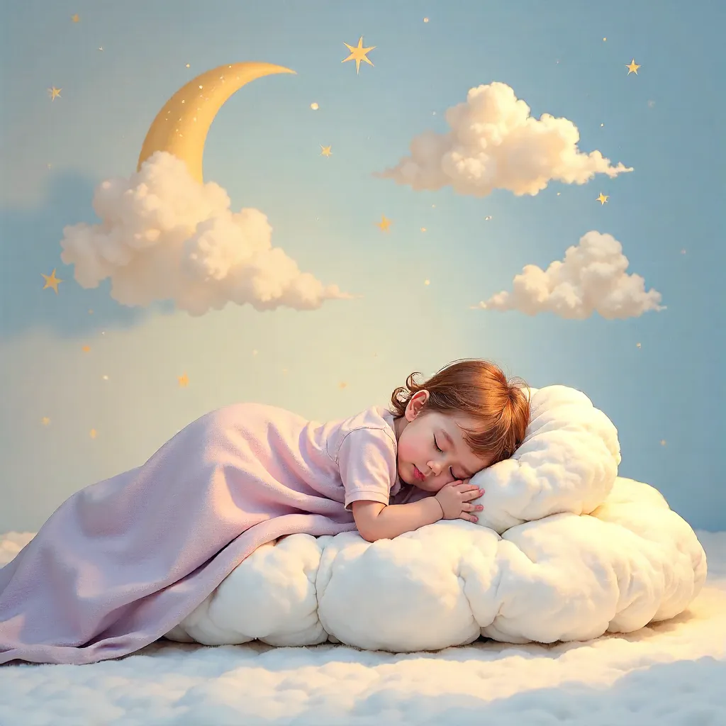 Sleeping Child Under Clouds and Stars in a Dreamy Studio