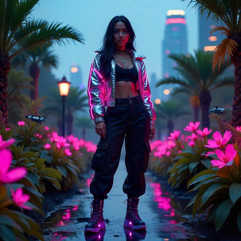 Latina Cyberpunk Queen in a Neon Garden