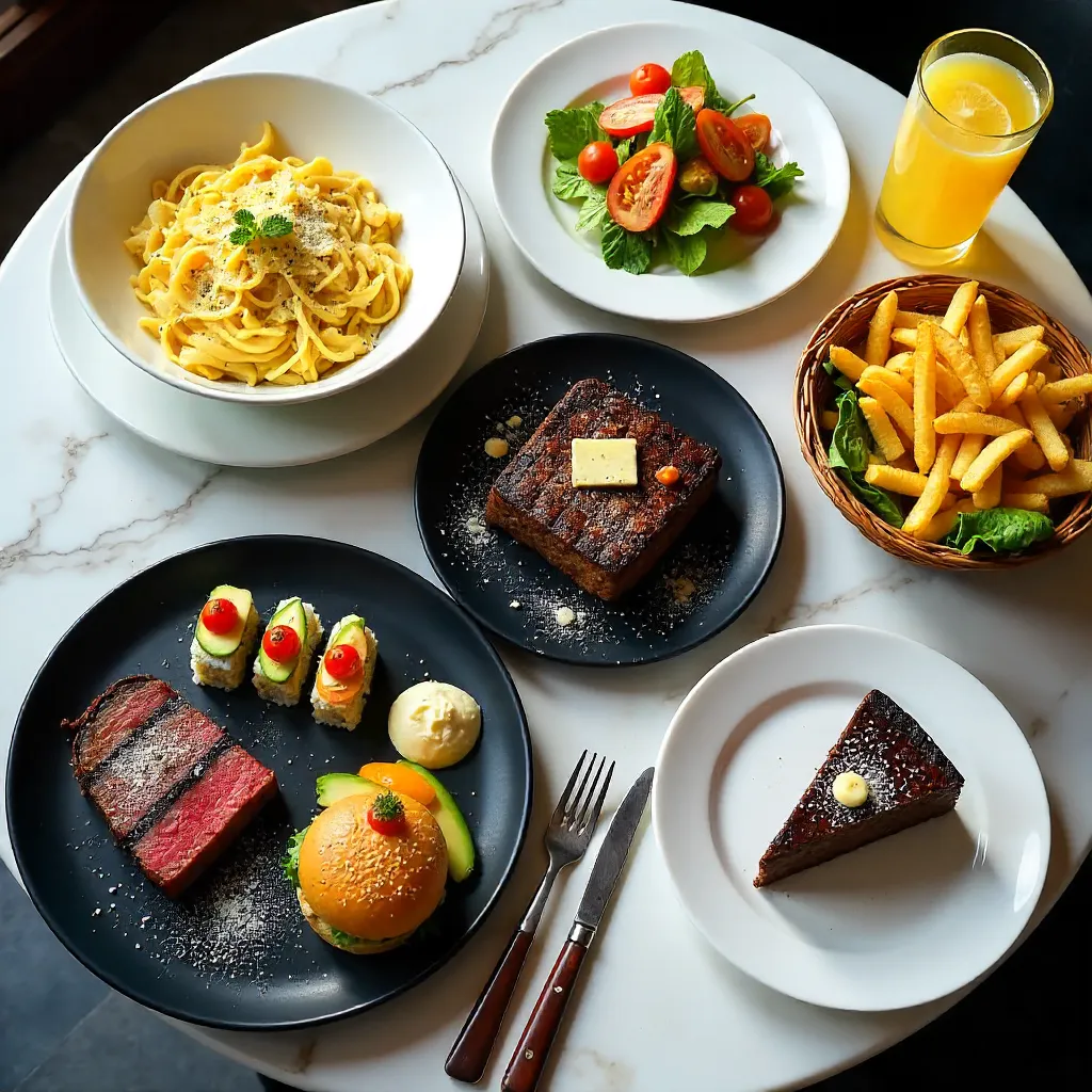 Top-Down Marble Table Feast of Dishes