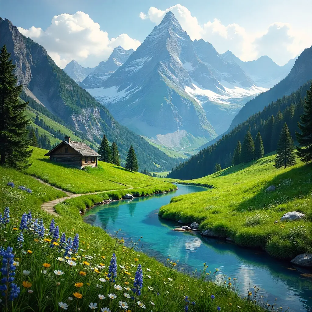 Snow-Capped Peaks Over a Lush Green Valley
