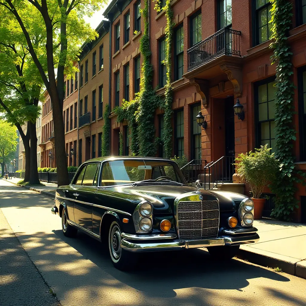 Vintage Black Mercedes by a Tree-Lined Building