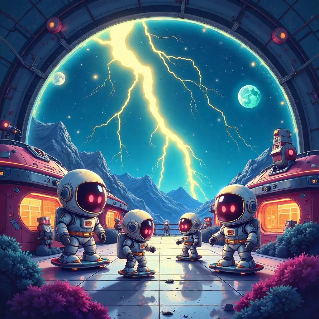 Cartoon Lightning Over a Space Colony