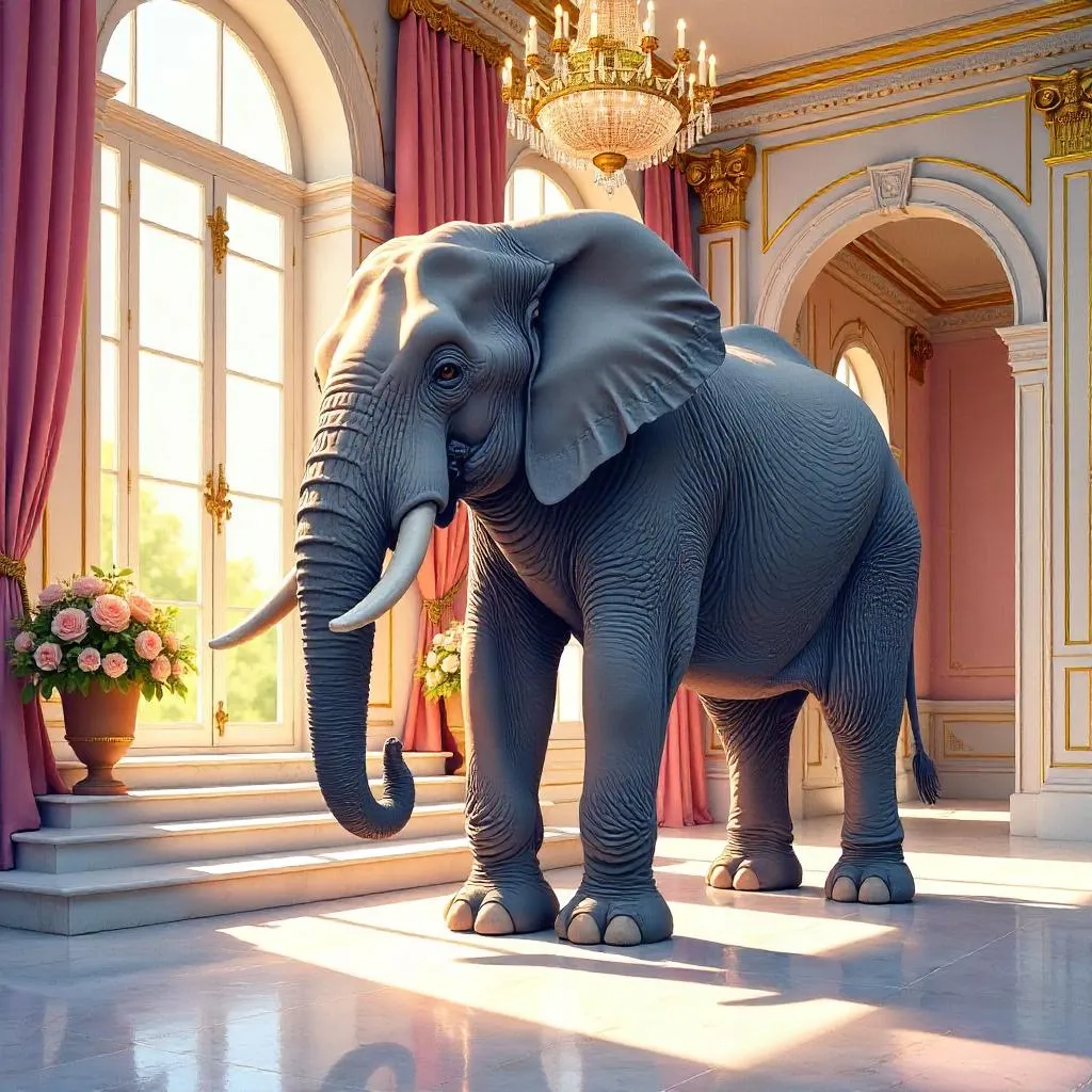 Watercolor Elephant in a Mansion Foyer