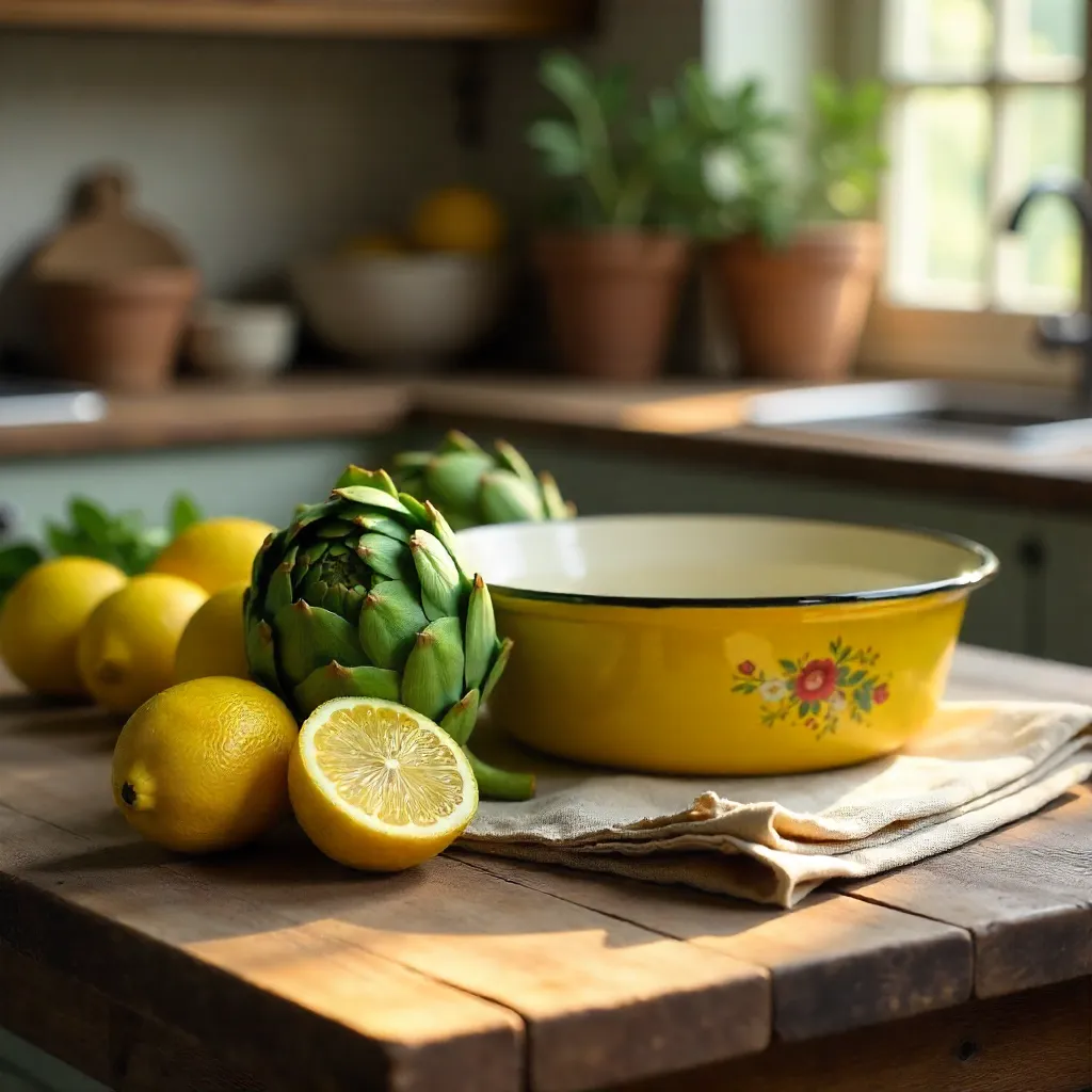 Rustic Table Still-Life with Artichokes and Lemons