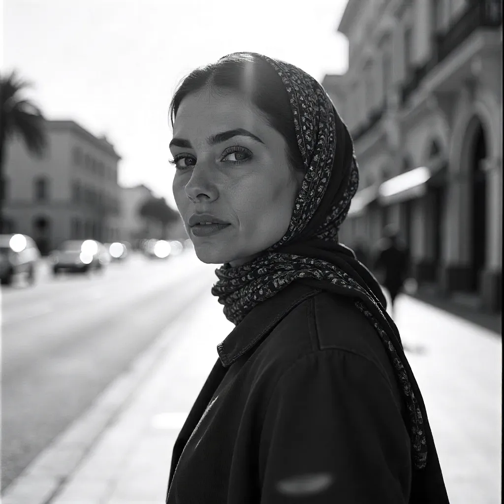 Monochrome Rosario Portrait with Headscarf