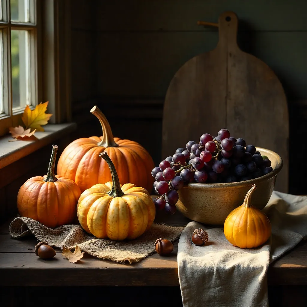 Autumn Rustic Still Life: Pumpkins, Gourds, Grapes