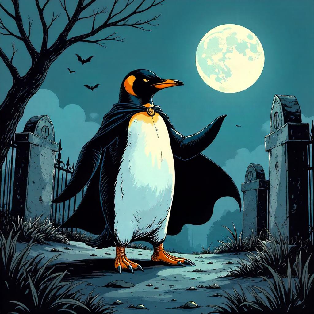 Penguin Hero in a Moonlit Graveyard