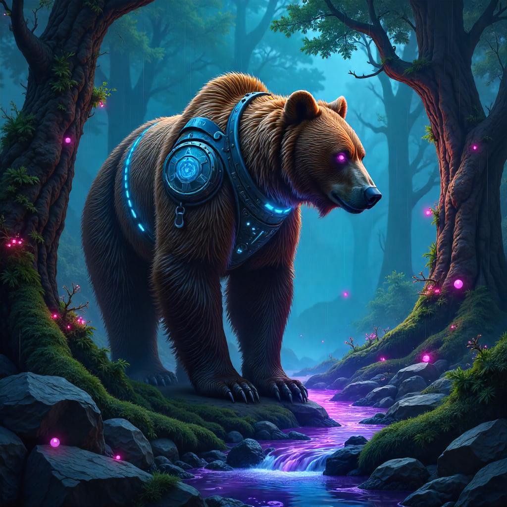 Neon Grove Bear in a Cyberpunk Enchanted Forest