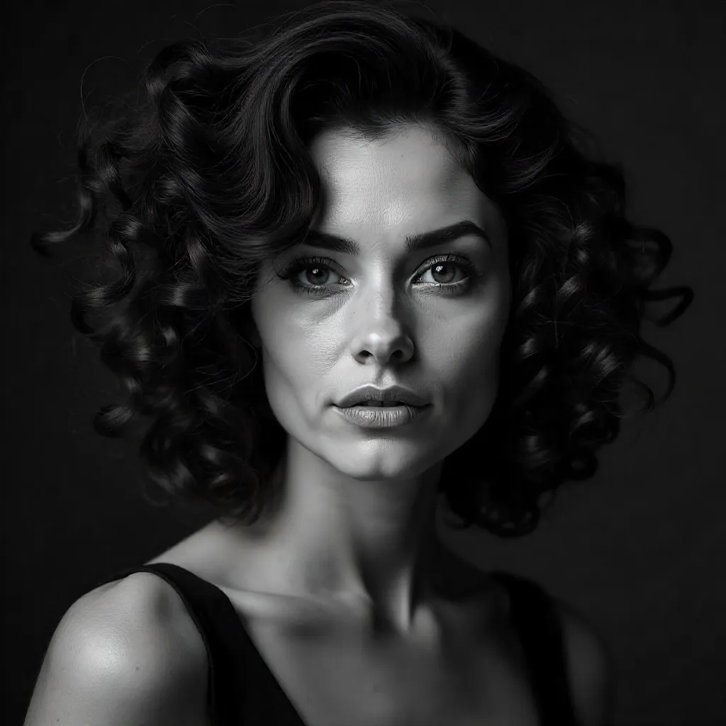 Confident Curly-Haired Portrait in Monochrome