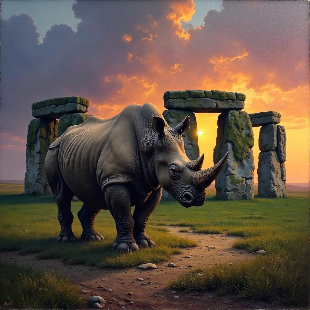 Rhino at Stonehenge in Oil Painting
