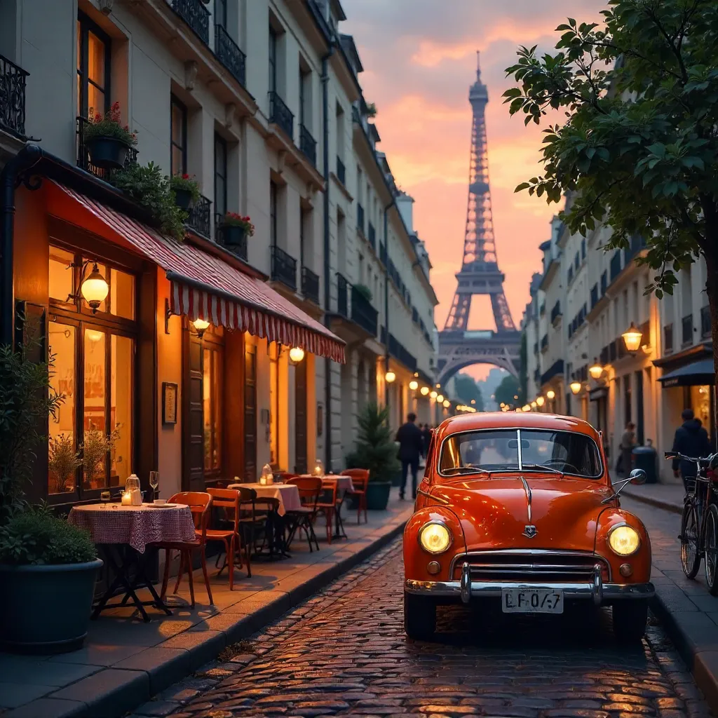 Dusk in Paris: Vintage Orange Car by a Cozy Bistro