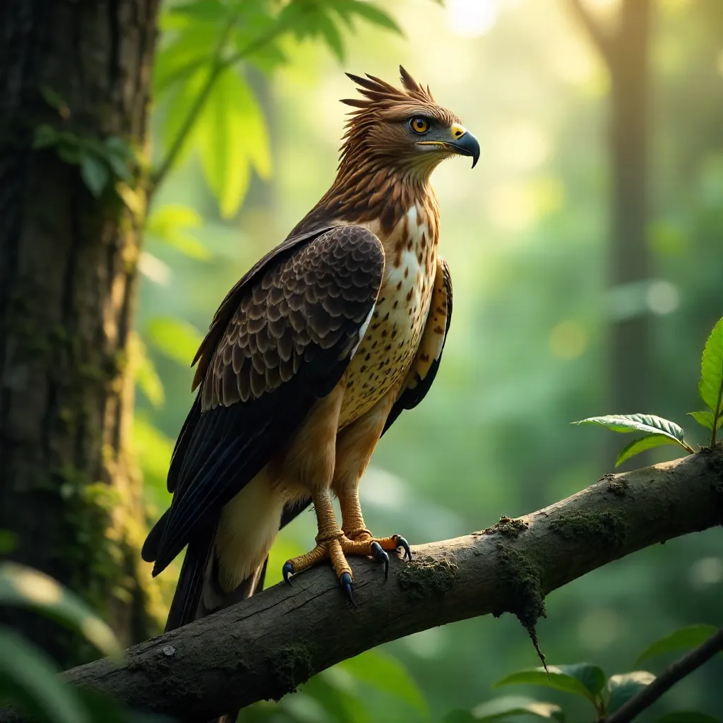 Crested hawk-eagle perched in dappled forest light