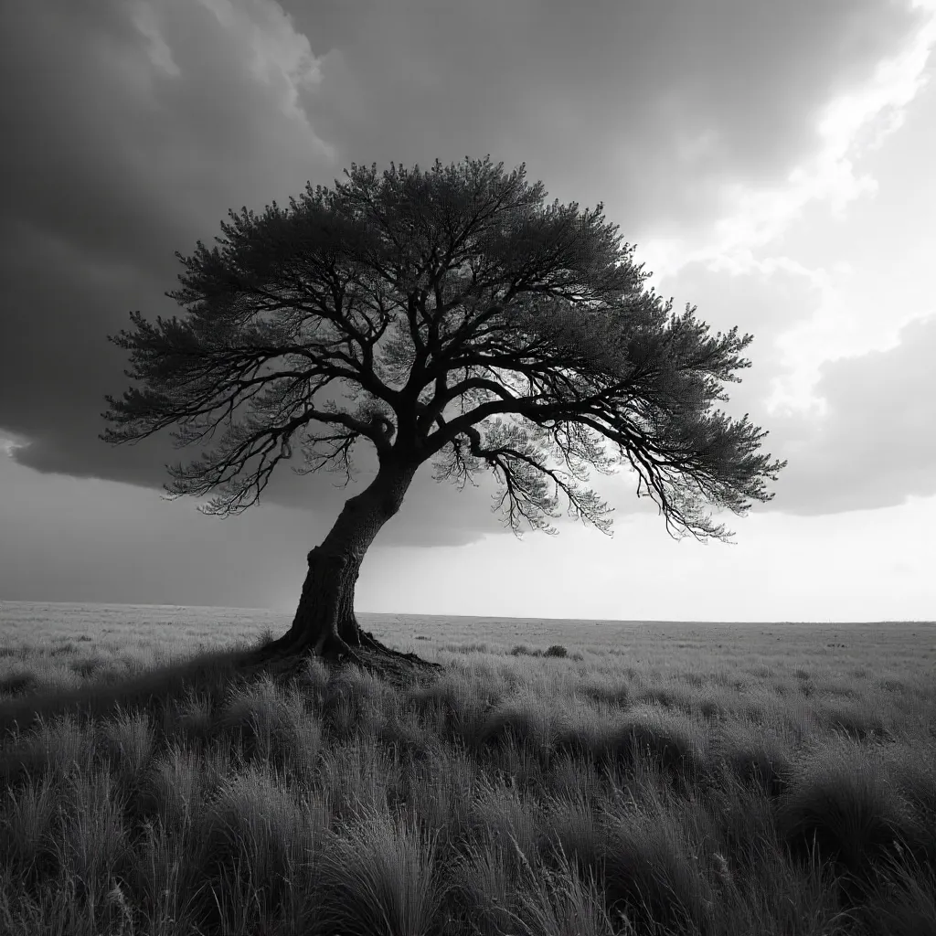 Lone Tree in a Vast Monochrome Field
