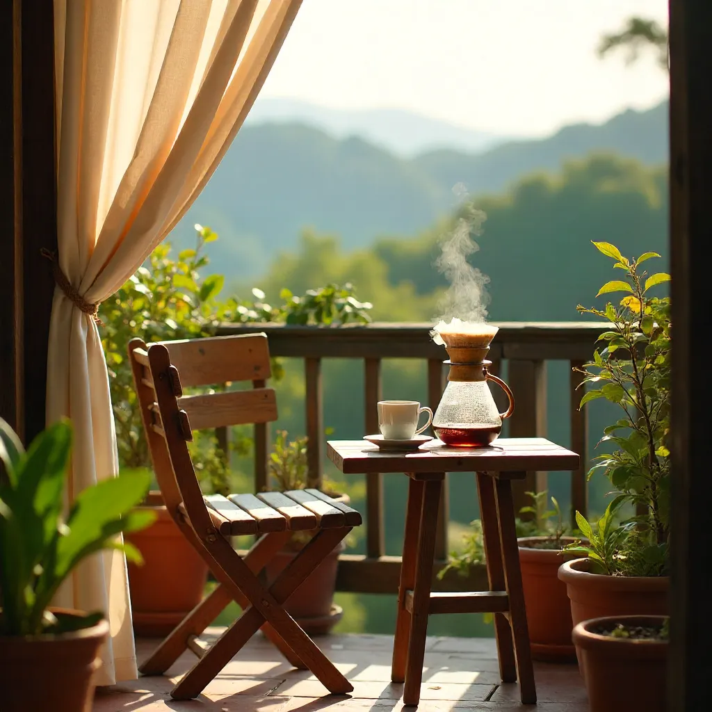 Terrace Morning: Drip Coffee by the Wooden Chair