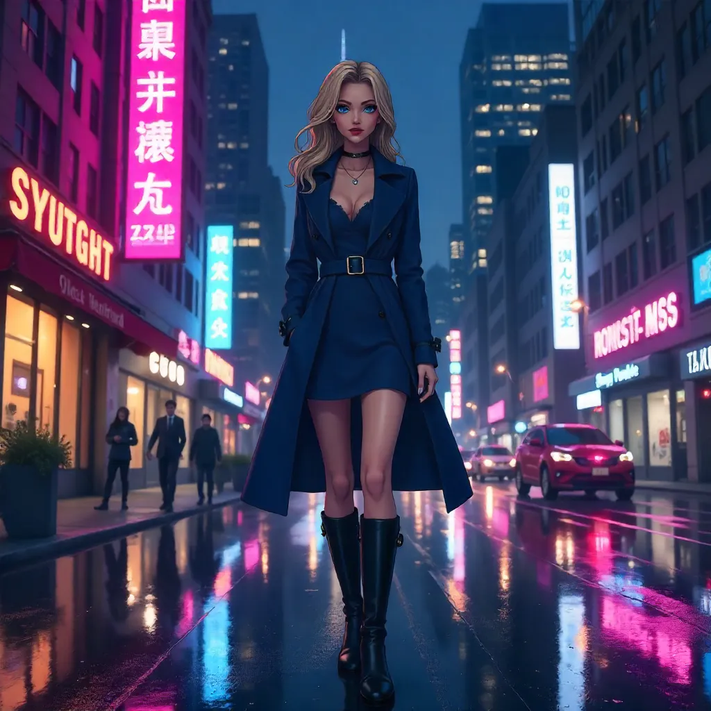 Elegant Caucasian Woman in Neon City – Anime Style
