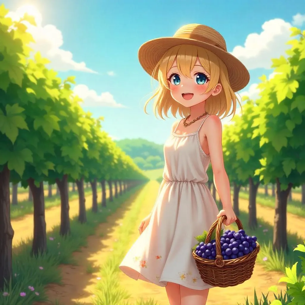 Cheerful Anime Girl in a Sunny Vineyard