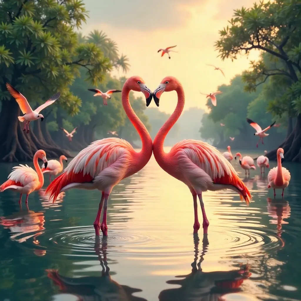 Flamingo Heart Amidst a Soaring Flock