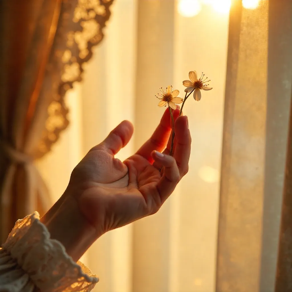 Sunlit Hand Reaching for a Flower Through Curtains