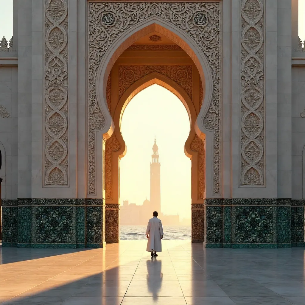 Sunrise Silhouette at Hassan II Mosque Entrance