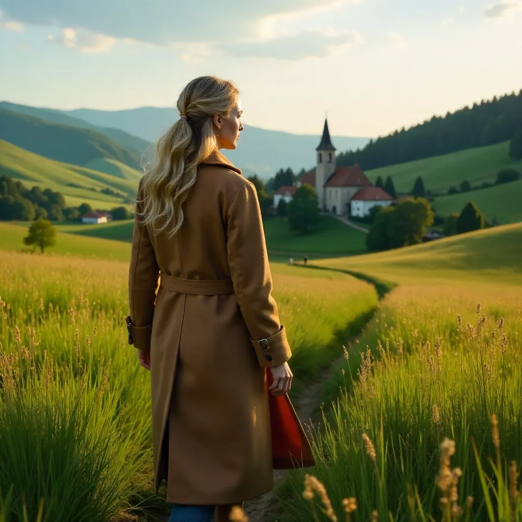 Blonde Woman in a Camel Coat Over a Lush Field Overlooking a Village