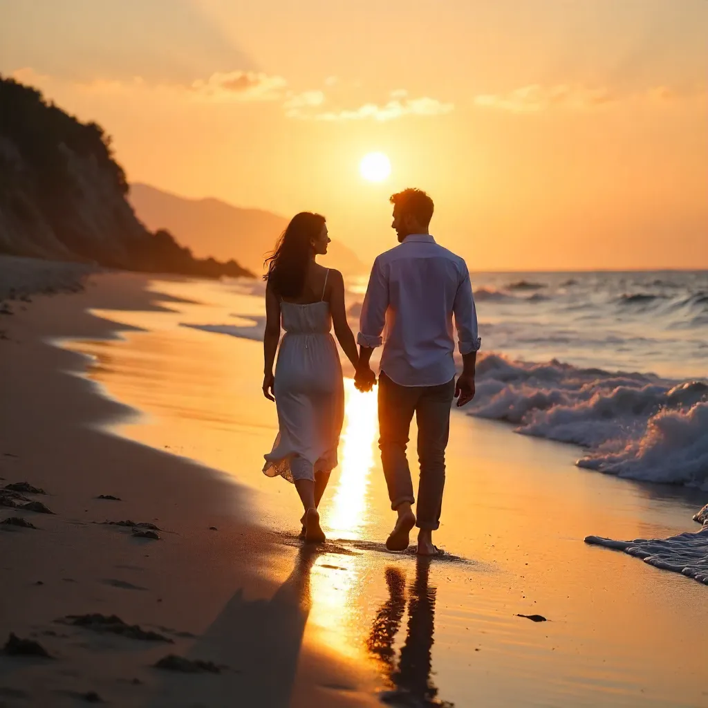 Sunset Beach Stroll: Romantic Tranquility
