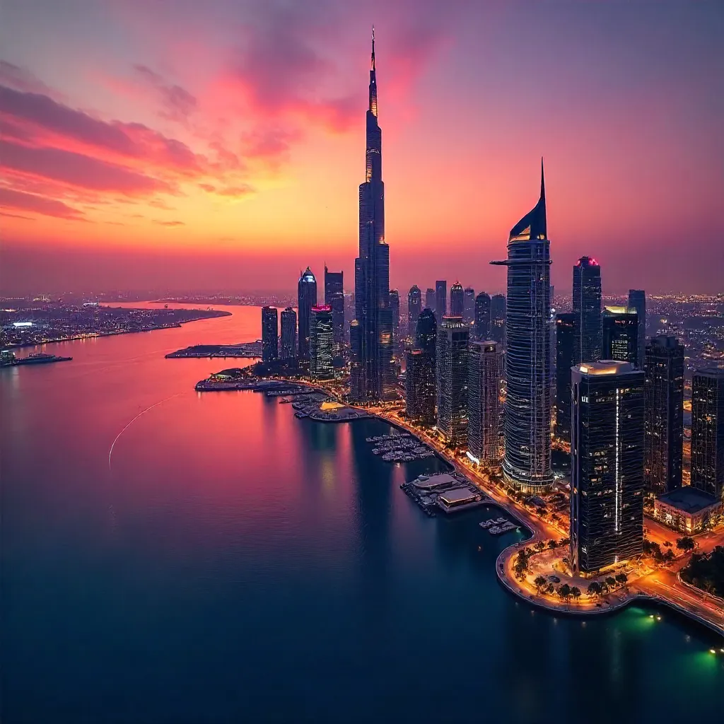 Dubai Skyline at Dusk: Neon Lights and Skyscrapers