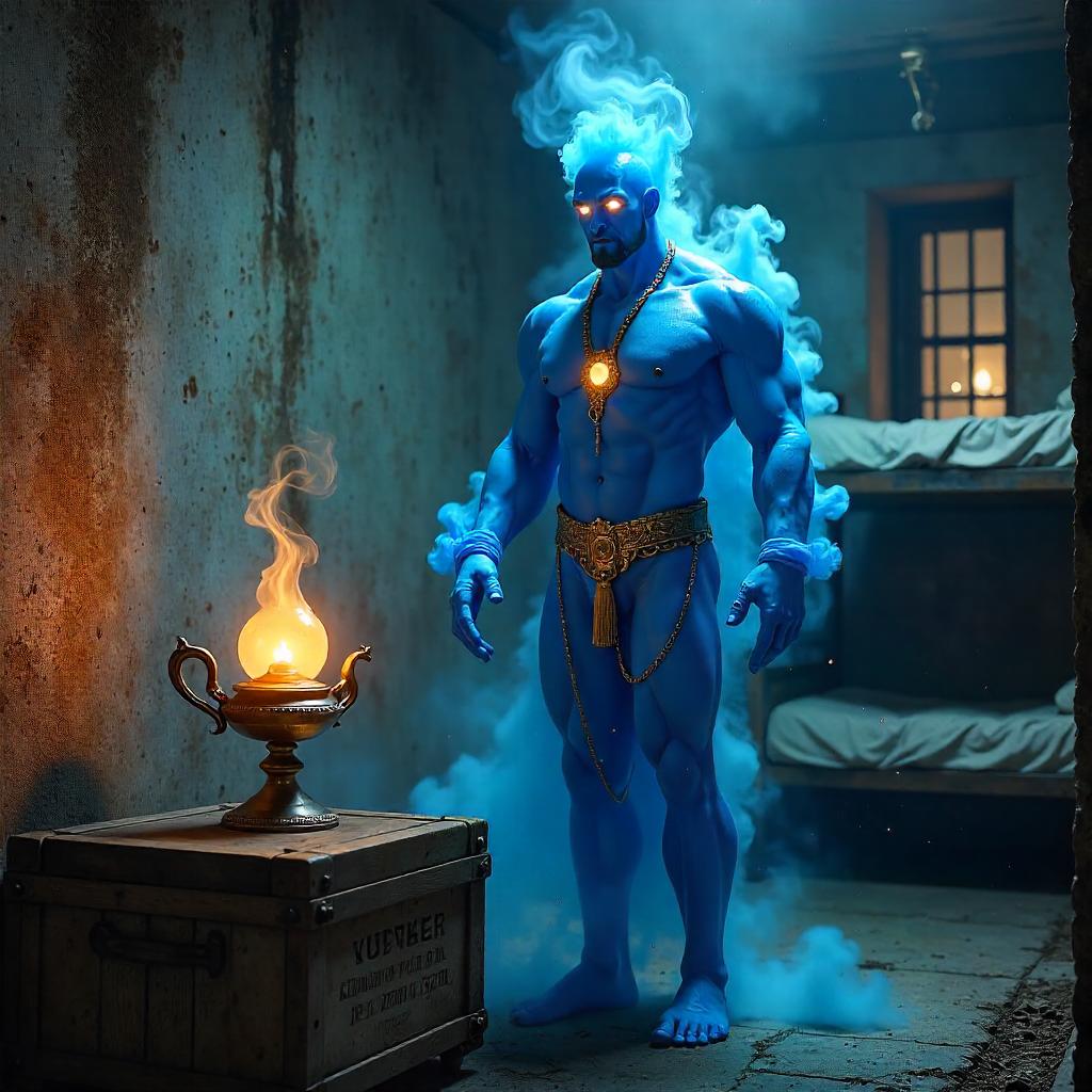 Photoreal Genie Emerging Inside a Concrete Prison