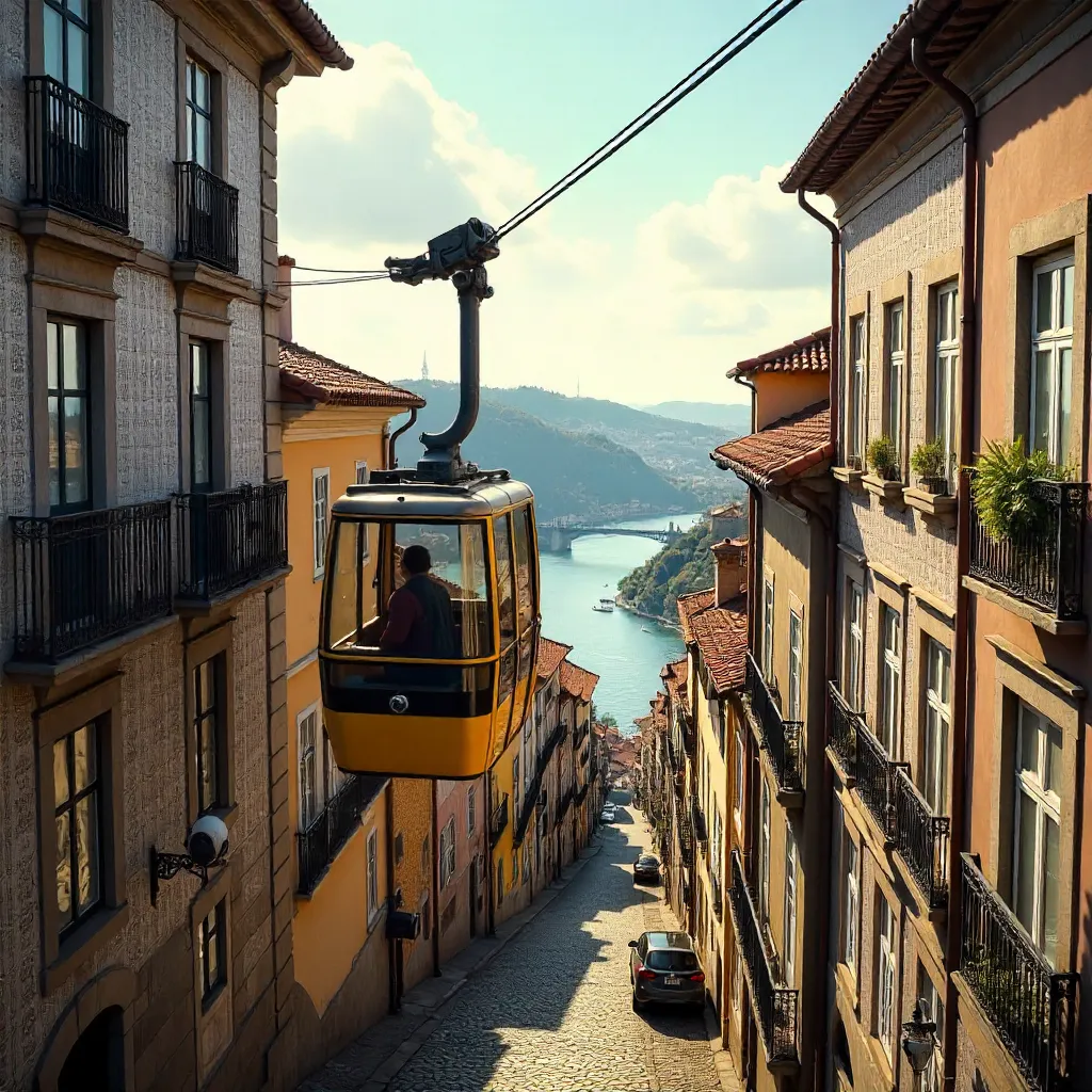 Porto Cable Car Over Azulejo Rooftops