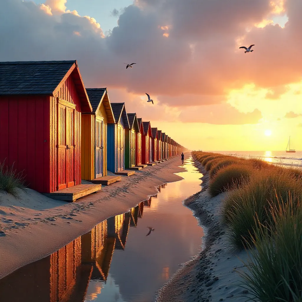 Sunset over Colorful Huts on Cuxhaven's Wadden Sea