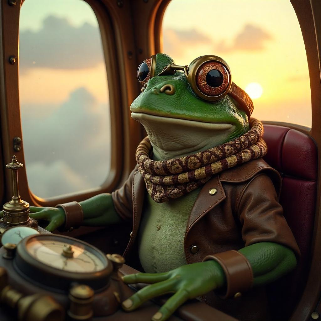 Photorealistic Frog Pilot in a Brass Airship Cockpit
