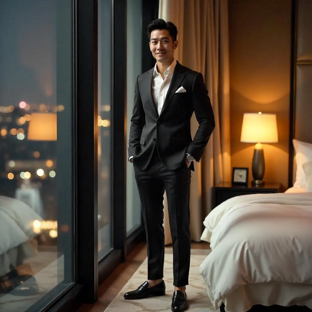 Photorealistic Stylish Asian Man in a Luxury Hotel Room