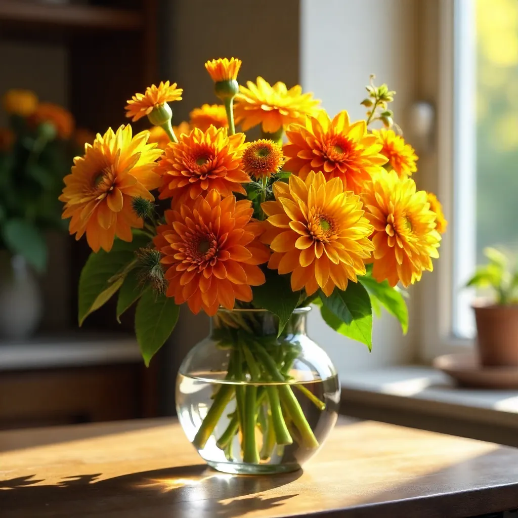 Sunlit Orange-Yellow Dahlia Bouquet in a Vase