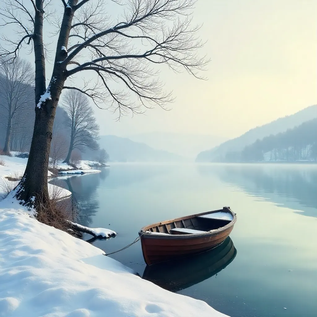 Serene Winter Lake with Bare Trees and Mist