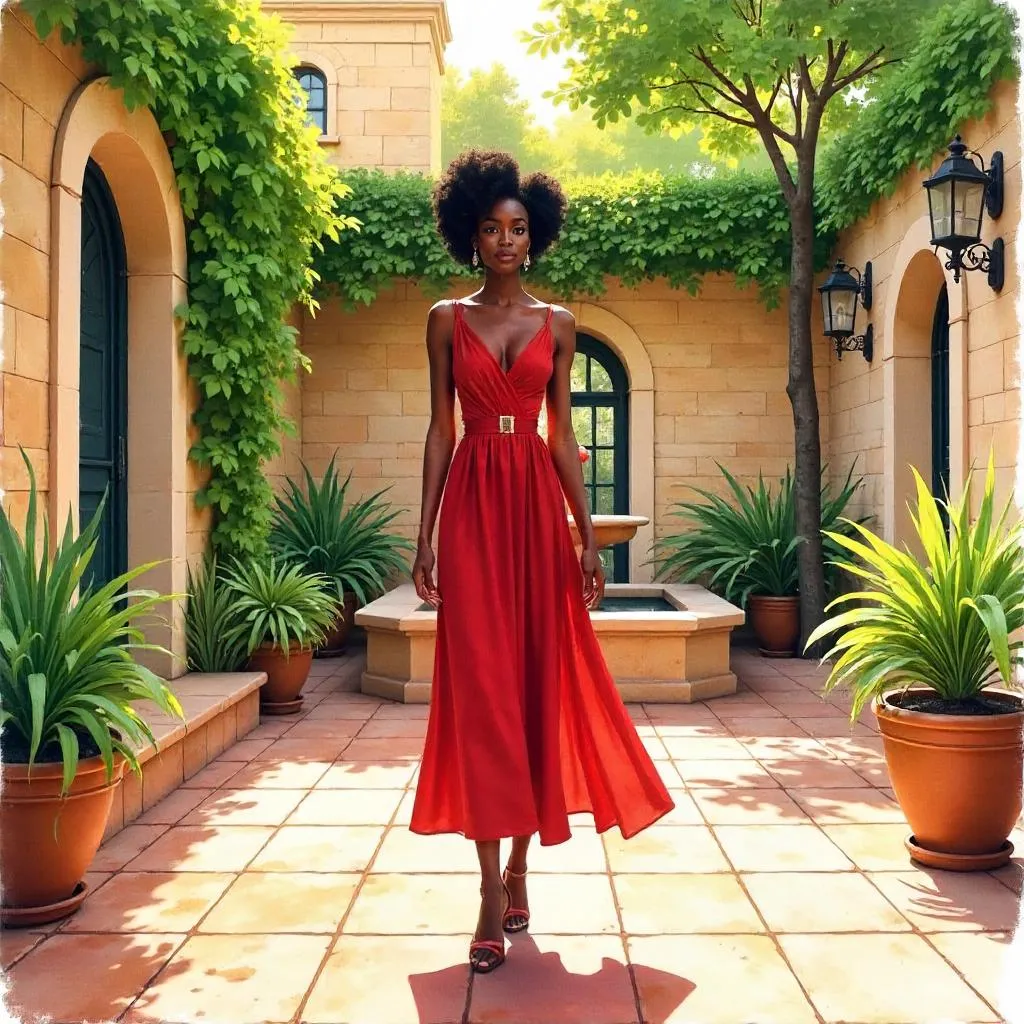Confident Black Woman in a Watercolor Courtyard