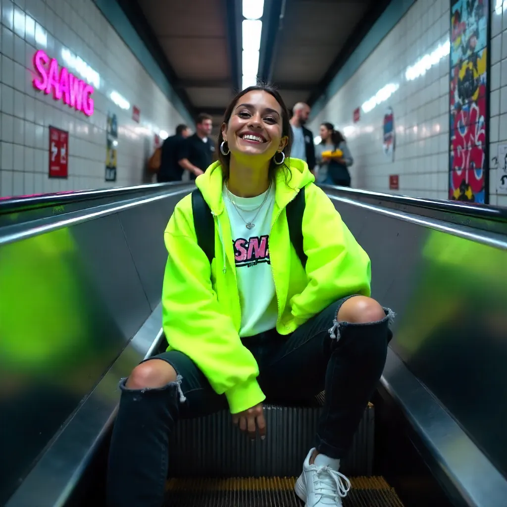 Smiling Woman on Subway Escalator: Urban Youth Vibe