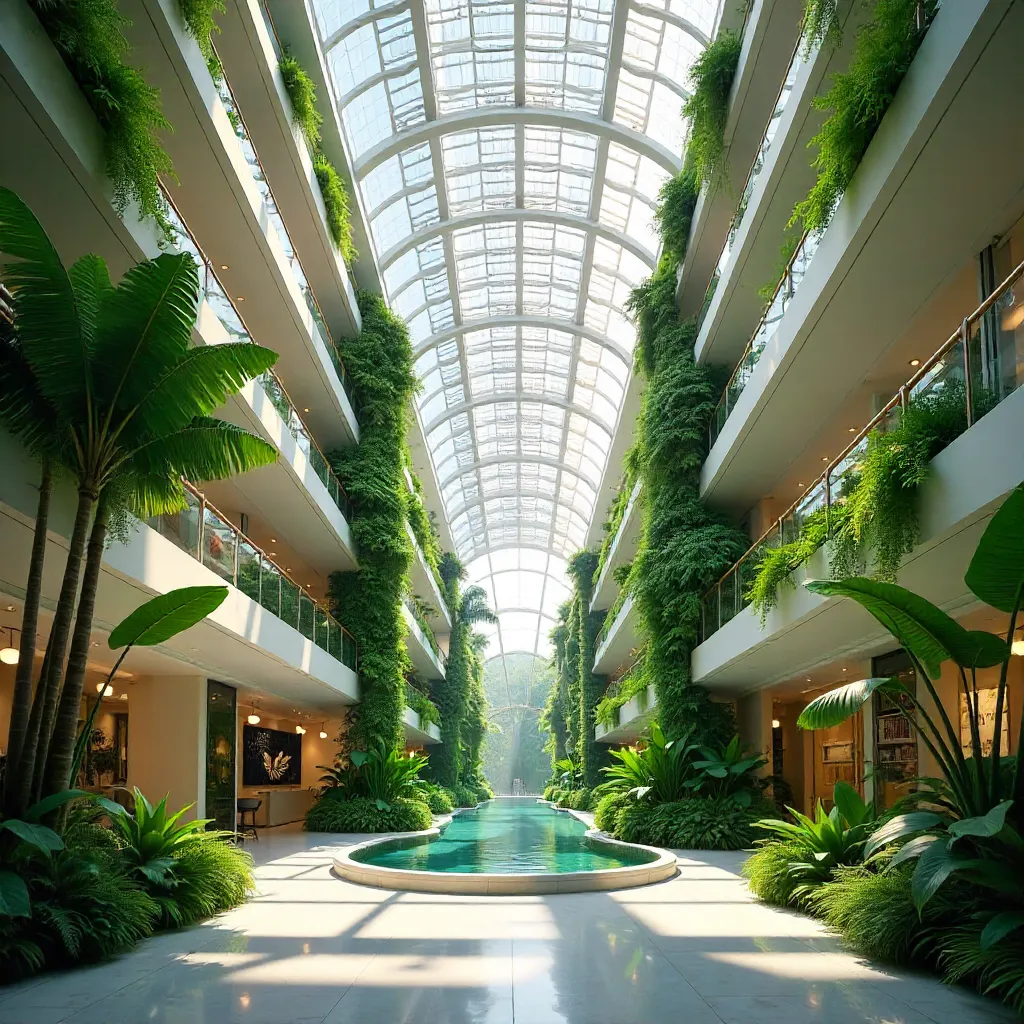 Upward View of a Modern Atrium with Plants and Light