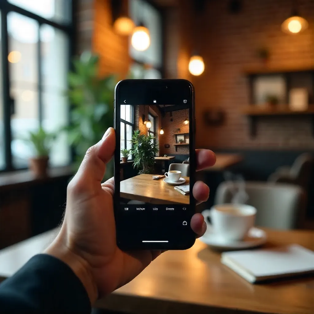 Hand with Smartphone Capturing Café Scene with Laptop and Coffee